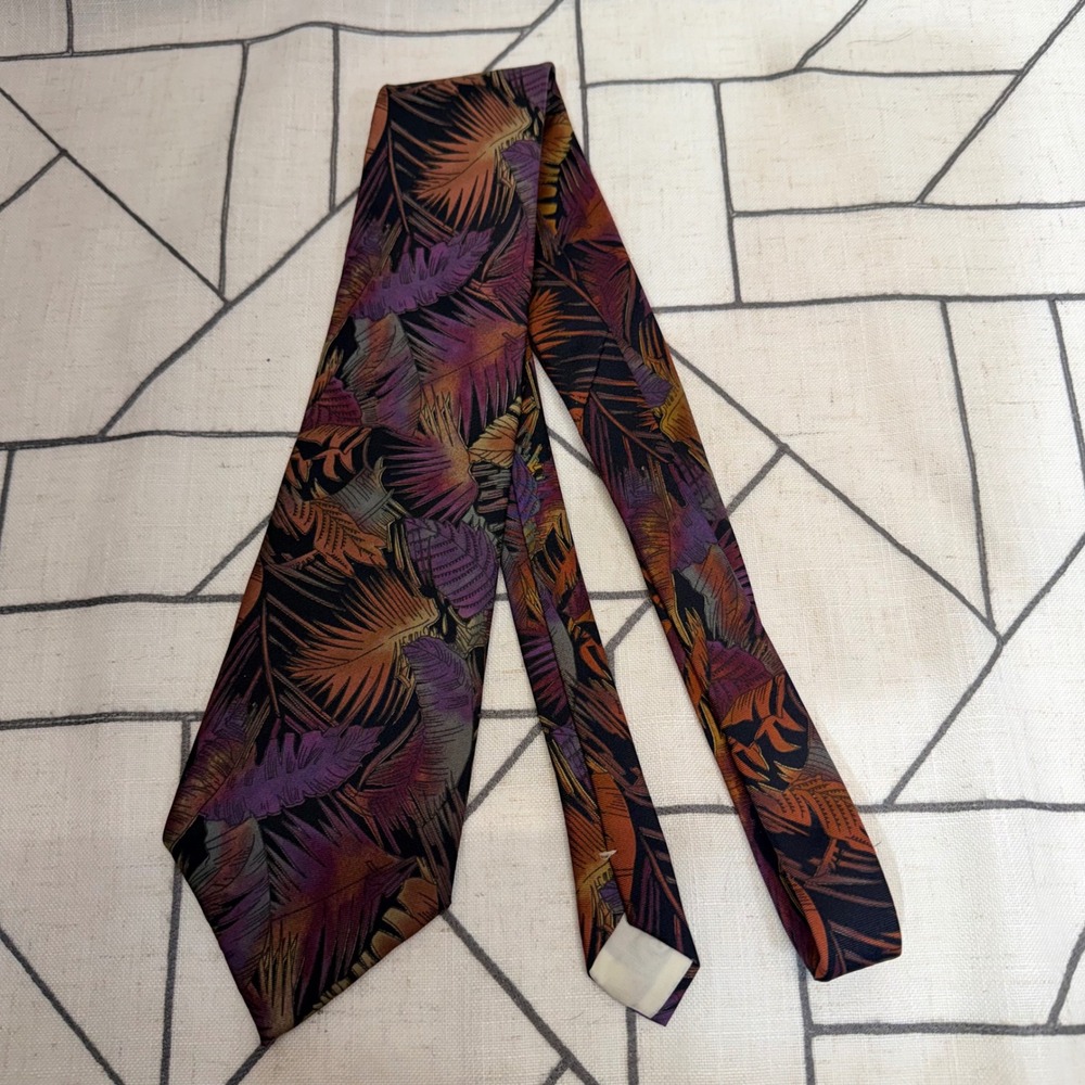 Royal Knight Necktie One Size Purple Orange Tropical Palm Leaf Silk Vintage - Picture 3 of 6
